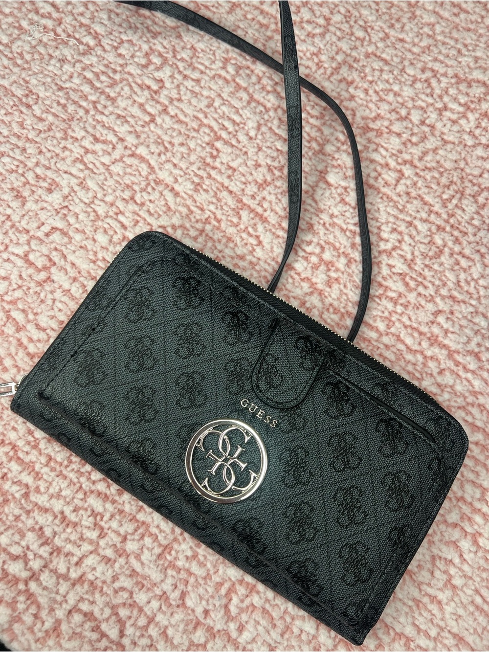 GUESS Black Monogram Crossbody Wallet with Silver Emblem
